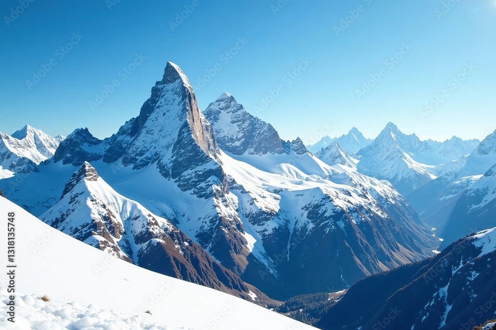 Obraz premium Majestic snow-capped peaks of the Swiss Alps against a blue sky, snow-capped, scenic, travel