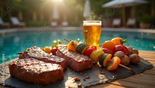BBQ Grilled Steaks, Vegetable Skewers, Beer Near Pool - Summer Backyard Outdoor Cookout, Food Photography.