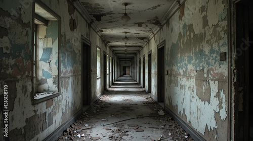 Eerie photograph of an abandoned corridor in a Magdalene asylum  with peeling paint and decaying walls. Perfect for historical and horror-themed content.