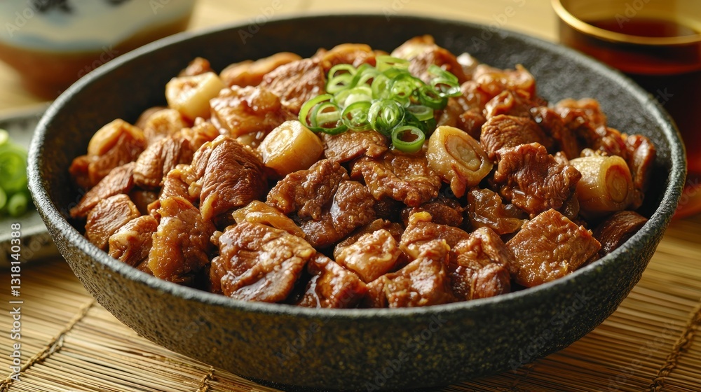 Braised meat dish. Scallions garnish bowl, rustic mat, drink Braised meat dish. Scallions garnish bowl, rustic mat, drink