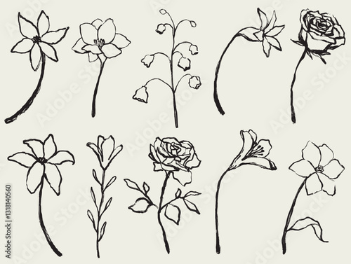 Ink hand drawn wild flowers labels for natural and organic products. bossom leaf line art. roses, leaves, branches logos, minimalist illustration. Simple sketch, black and white. Use as floral icons a