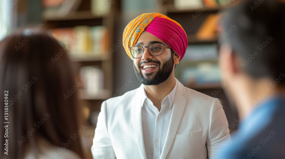 A smiling man in a vibrant turban engages in conversation with two people in a modern, well-lit interior, showcasing cultural exchange and connection A smiling man in a vibrant turban engages in conversation with two people in a modern, well-lit interior, showcasing cultural exchange and connection