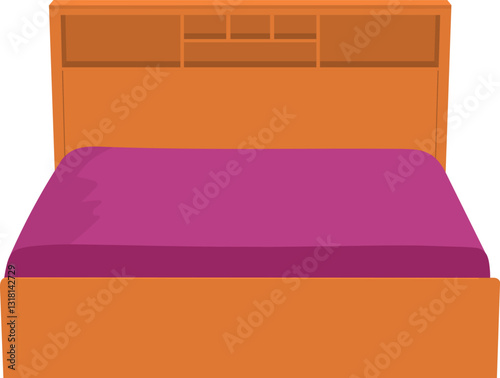 A bed with a pink comforter and a wooden headboard.wooden bed vector illustration isolated on white background.brown bed front view.Modern Wooden Storage Bed.