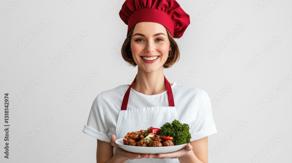Smiling chef in red hat presenting delicious cooked meal with fresh vegetables on a white plate against light background Smiling chef in red hat presenting delicious cooked meal with fresh vegetables on a white plate against light background