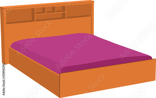 Vector illustration of a wooden double bed vector illustration isolated on white background. A bed with a pink comforter and a wooden headboard. The bed is unmade and the pink comforter is spread out.