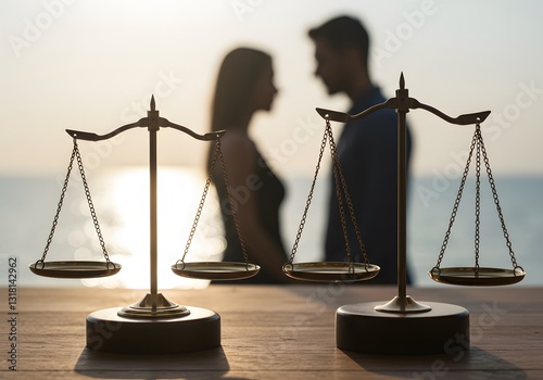 Silhouettes of a couple with scales of justice, wallpaper, symbolizing balance in family law., 