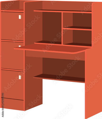 Red Student Desk with Storage.A red desk with a drawer and a shelf.Vector illustration of a computer desk isolated on white background