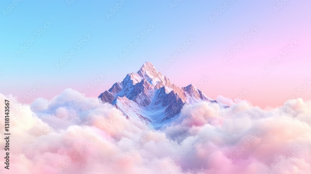 Obraz premium Surreal Sunrise Majestic Snow Capped Mountain Peak Above Pastel Clouds