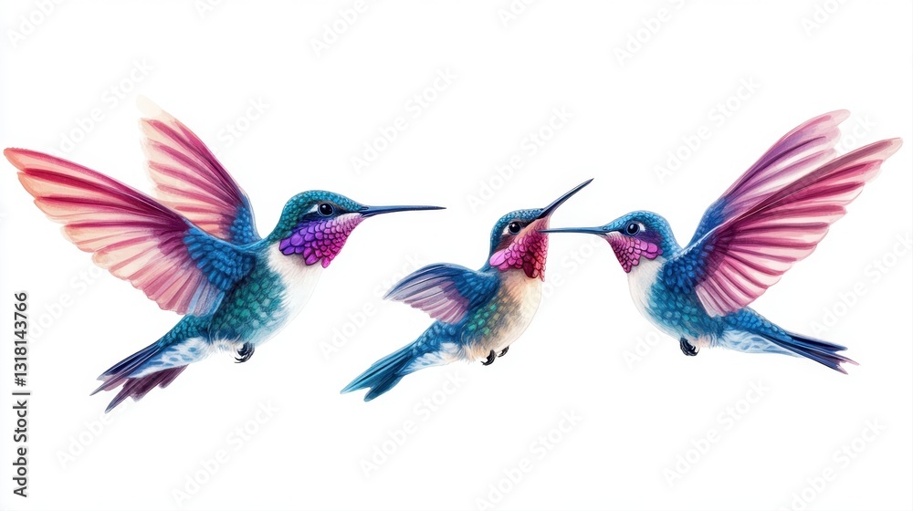 Fototapeta premium Colorful Hummingbirds in Flight with Vibrant Feathers Against White Background