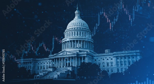 U.S. Capitol building, set against a deep blue background and overlaid with financial stock market charts