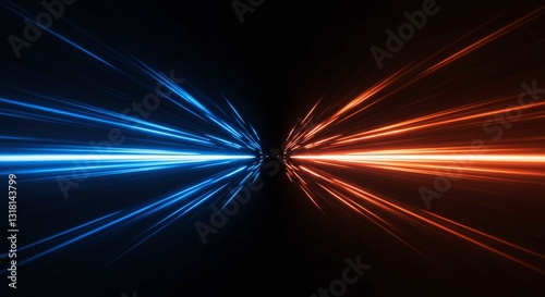 dynamic light beams in blue and orange hues, converging towards the center against a dark background