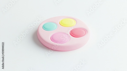 Pink silicone fidget toy with pastel colored buttons on white background.