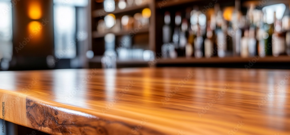 Empty wooden bar counter in a dimly lit bar with blurred shelves background Empty wooden bar counter in a dimly lit bar with blurred shelves background
