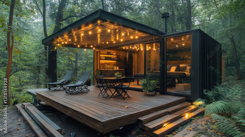 Fototapeta premium Modern Dark Cabin in Lush Forest at Night with Warm Lighting
