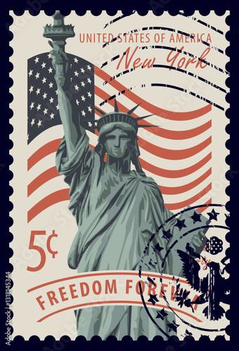 Postage stamp with the Statue of Liberty against the background of the American flag and New York skyscrapers and the inscription "United States of America". Vector illustration of a 5-cent stamp