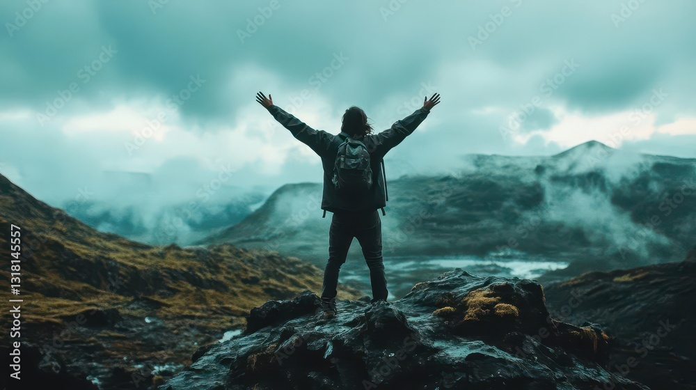 Person Celebrating Freedom on Rocky Outcrop in Scenic Landscape Person Celebrating Freedom on Rocky Outcrop in Scenic Landscape