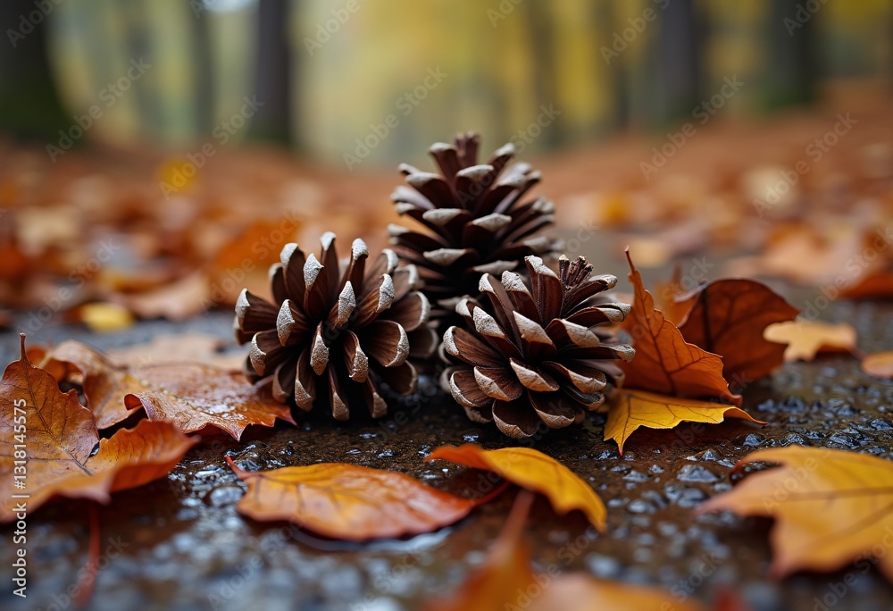 Wet Fall Foliage on Ground with Pinecones. Wet Fall Foliage on Ground with Pinecones.