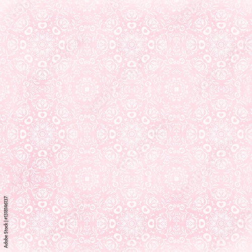 Soft pink seamless pattern with delicate lace-style floral and heart motifs, perfect for romantic backgrounds, Valentine’s Day cards, wedding invitations and feminine designs.