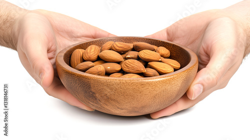 Fresh Mamra almonds in a wooden bowl, presented in hands