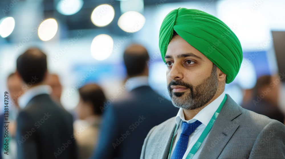 A well-dressed man wearing a vibrant green turban stands confidently at a professional conference, surrounded by engaged attendees in the background A well-dressed man wearing a vibrant green turban stands confidently at a professional conference, surrounded by engaged attendees in the background