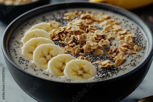 Close-up shot of a smoothie bowl topped with sliced bananas and chia seeds