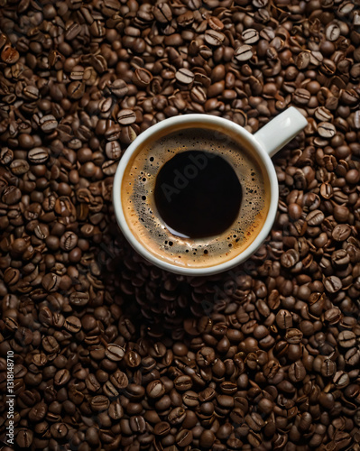 A steaming cup of coffee surrounded by scattered coffee beans.