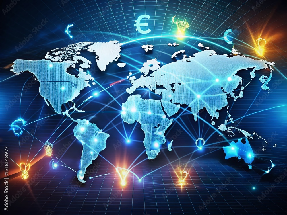 Global Currency Exchange: World Map with Interconnected Currency Symbols Global Currency Exchange: World Map with Interconnected Currency Symbols