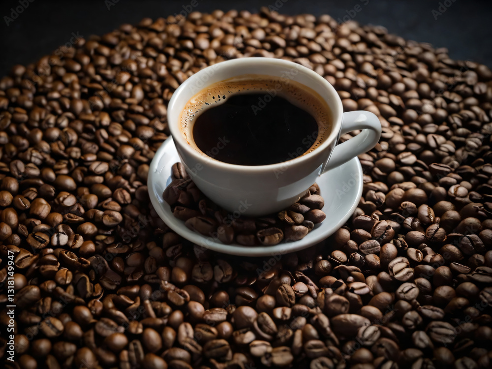 A steaming cup of coffee surrounded by scattered coffee beans. A steaming cup of coffee surrounded by scattered coffee beans.