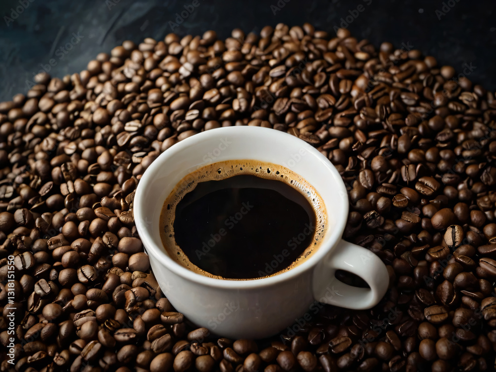 Fototapeta premium A steaming cup of coffee surrounded by scattered coffee beans.