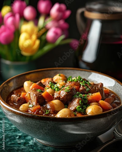 Hearty Easter Day Homemade Vegetable Stew or Casserole Served in a Rustic Ceramic Bowl