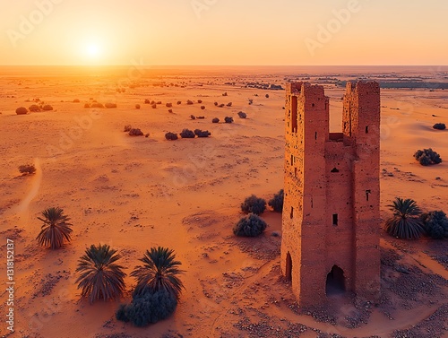 Sunset Desert Tower Ruins Aerial View