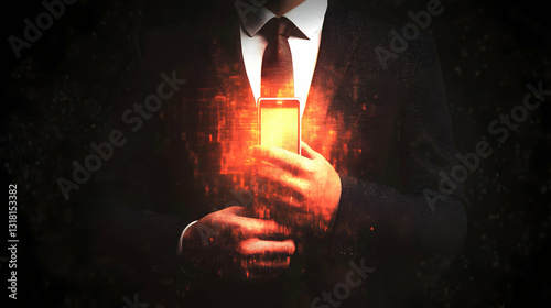 Digital Power, Man in Suit Holds Glowing Smartphone,  Revealing Data Streams and Technological Advancement.