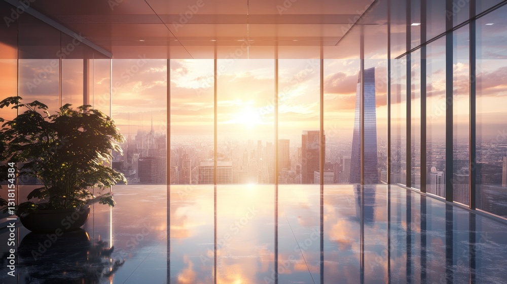 Fototapeta premium Sunset view from modern office with cityscape reflection on polished floor.