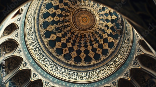 Intricate ornate ceiling inside a dome featuring arabic calligraphy