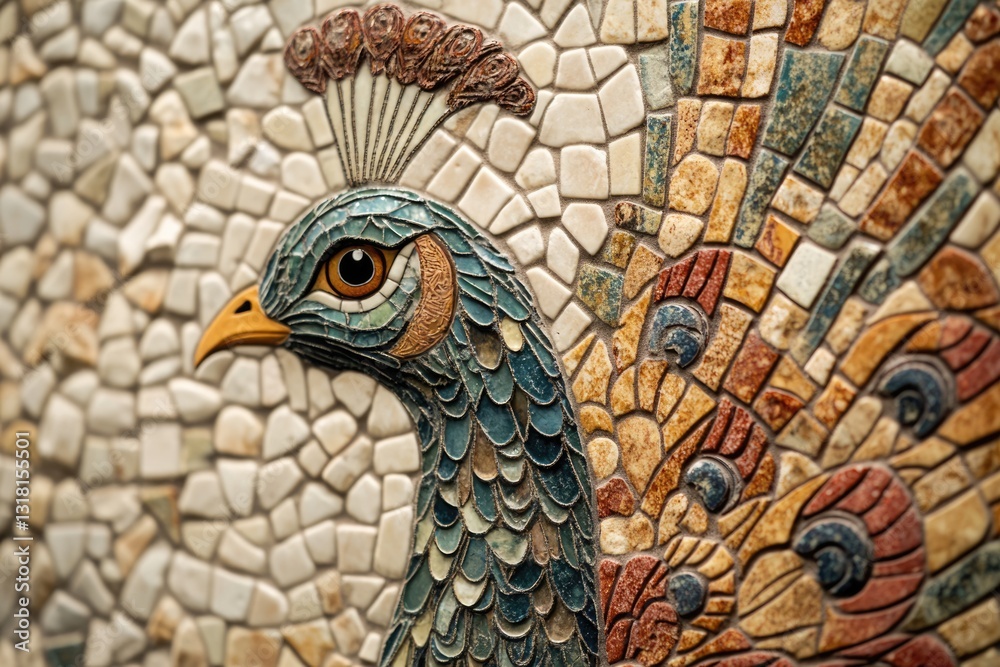 Fototapeta premium A detailed mosaic artwork depicting a peacock's head and feathers, crafted from colorful stone tiles.