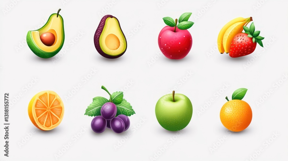 Naklejka premium Colorful fruit collection apples, avocados, bananas, oranges, grapes, strawberries. Website or cookbook illustration