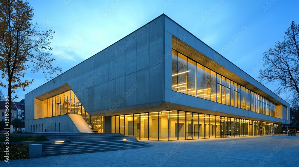 Obraz premium Modern concrete hall with glowing windows, embodying simplicity and clean minimalism in architectural design.