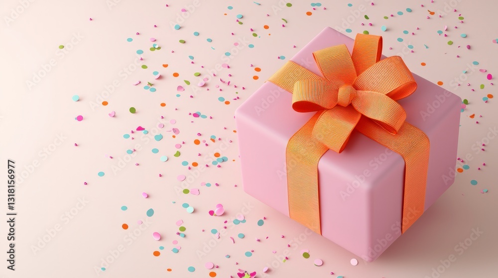 Pink Gift Box with Orange Bow Confetti Background Celebration Pink Gift Box with Orange Bow Confetti Background Celebration