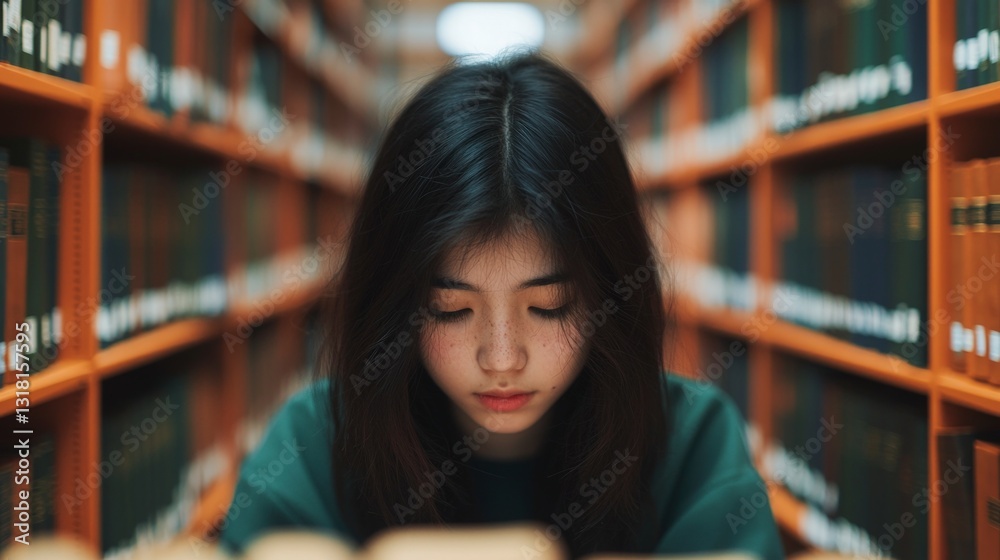 Focused Student Studying in Library Bookshelves Education Knowledge Focused Student Studying in Library Bookshelves Education Knowledge