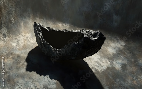 38. A rogue asteroid with a hollow core, drifting through space, casting long shadows as it spins through the void