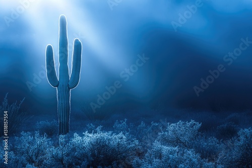 A majestic saguaro cactus stands silhouetted against a dramatic, blue-toned desert night sky.