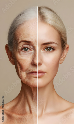 Aging process showcased half old half young, the duality of skin and the beauty lifespan stages photo