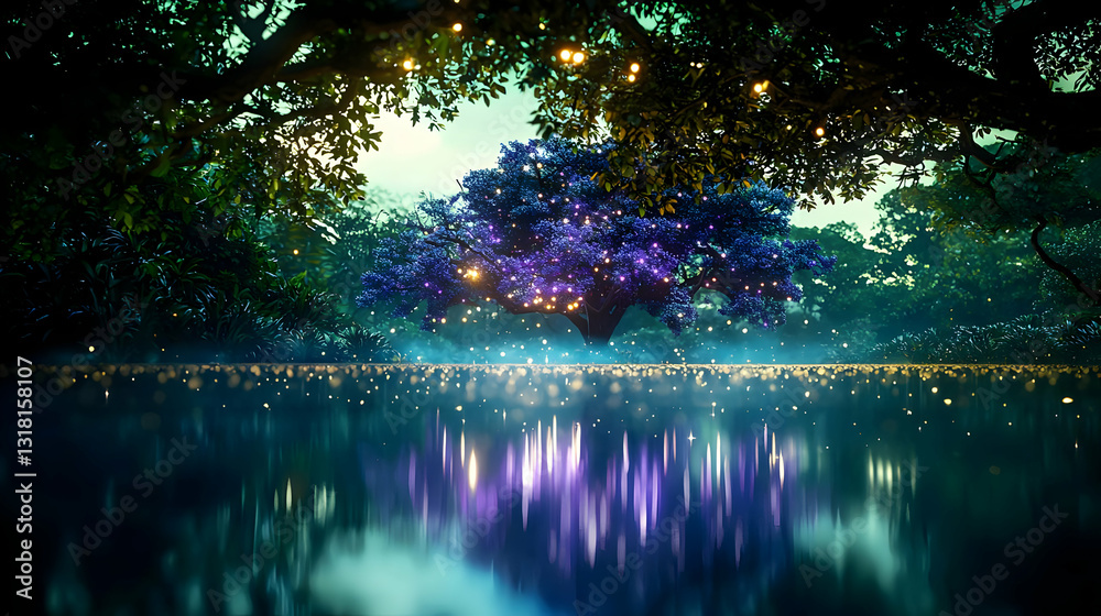 Naklejka premium A Pixel Art Enchanted Forest With Glowing Purple And Blue Bioluminescent Tree Reflected In A Serene Lake At Night