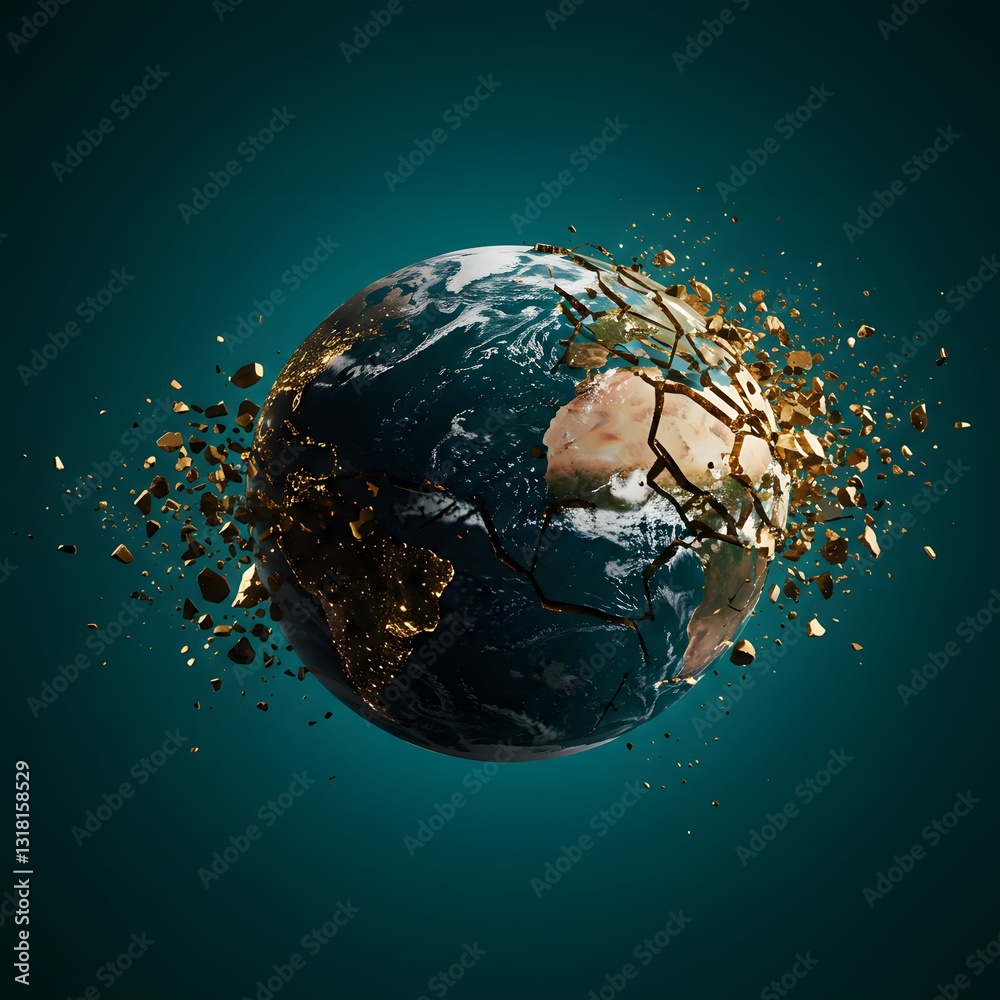 Fototapeta premium A shattered globe with fragments symbolizes global , crises, and conflicts, fragility, background