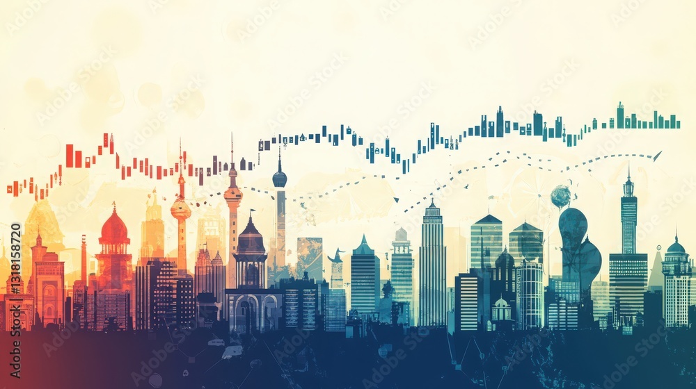 Fototapeta premium Global Finance and Urban Development: A Digital Illustration of Market Trends