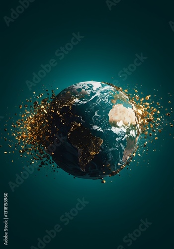 A shattered globe with fragments symbolizes global, wallpaper , crises, and conflicts, fragility,  photo