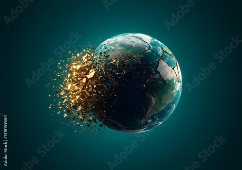 A shattered globe with fragments symbolizes global, wallpaper, and conflicts, fragility, crises