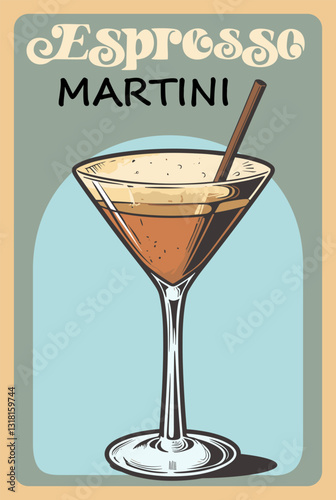Espresso Martini Cocktail retro poster. Popular alcohol drink Vintage Mid Century modern wall art. Colorful flat vector illustration for bar cart, pub, restaurant, kitchen print.