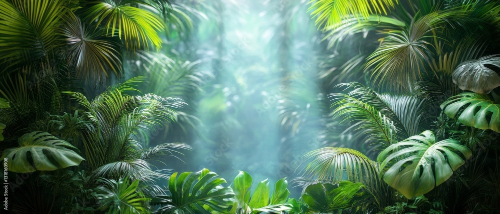 Obraz premium Lush Tropical Rainforest Background with Misty Light
