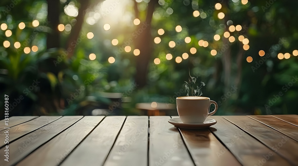 Empty wooden table with a hot cafe on it